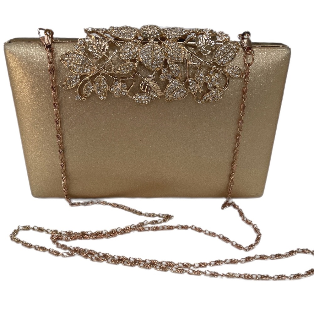 Gold metallic and floral rhinestone clutch purse handbag